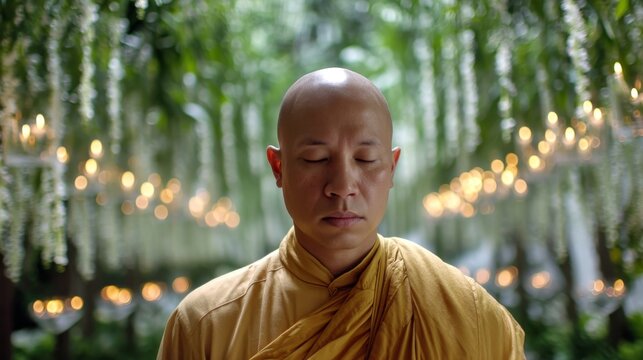 Serene monk meditating in lush garden with soft light and peaceful aura