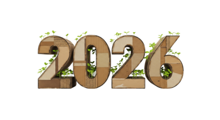 The year 2026, made from recycled wood or cardboard, with fresh green vines growing. A 3D concept for a sustainable, eco-friendly future. Isolated.