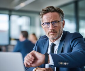 Serious businessman checking his smartwatch in the office environment
