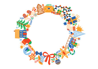 Round frame of cartoon illustration for Christmas and New Year. Concept of the winter holiday for the design of invitations, greeting cards and wallpapers. Festive decor, fir trees, decorations, gifts