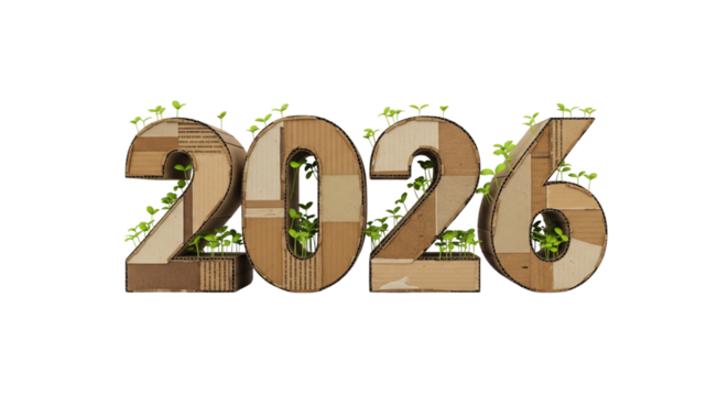 The year 2026, made from recycled wood or cardboard, with fresh green vines growing. A 3D concept for a sustainable, eco-friendly future. Isolated.