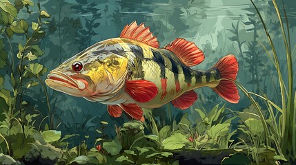 Illustration of a landscape painting of freshwater fish against a rocky water background with plants and driftwood.