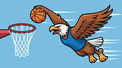 An eagle cartoon character wearing a jersey is about to dunk a basketball in a basketball hoop