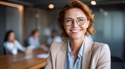 Confident smiling businesswoman in meeting room with professional appearance
