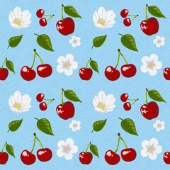 Cherry and White Flower Blossom Seamless Pattern on Blue Background