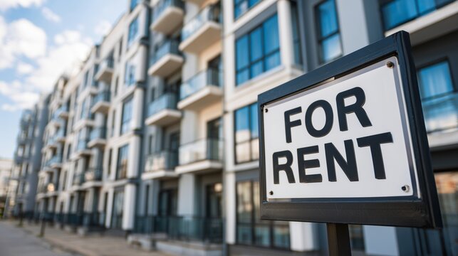 A "For Rent" sign stands in front of a modern apartment building, symbolizing opportunity, urban living, and new beginnings. The image conveys real estate, potential, and contemporary architecture.