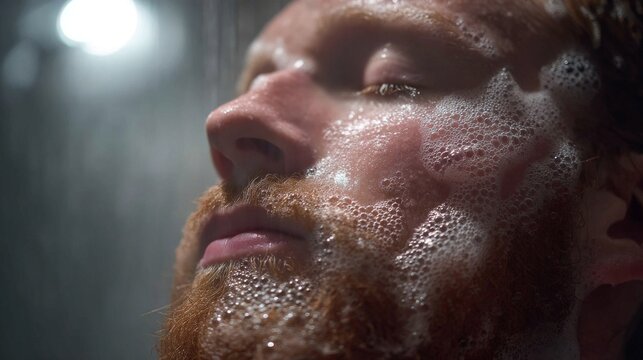 Man's face close-up with soap and water, skincare facial routine  - Powered by Adobe