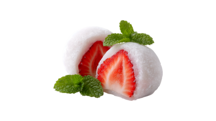 Two strawberry mochi are presented against a white background with one cut in half revealing the fresh fruit inside and garnished with mint leaves