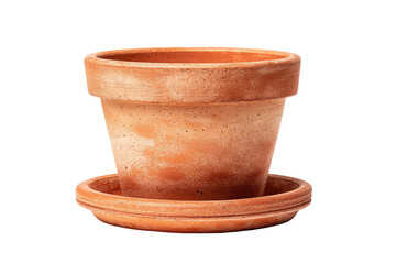 Simple earthenware pot and saucer on a black background