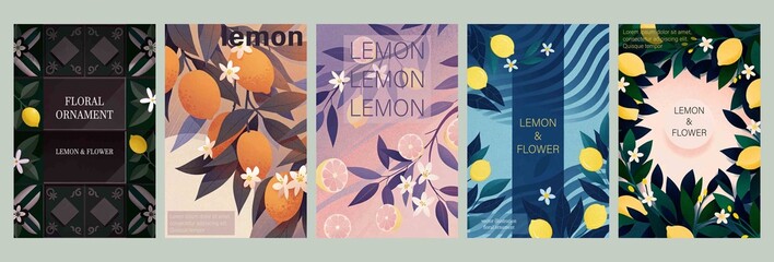 Modern Abstract Style Lemon and Floral Poster Design Set with Textures