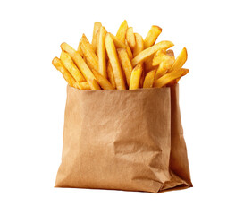 Golden french fries spilling out of a plain brown paper bag