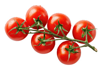 A vine of bright red, ripe cherry tomatoes on a dark background