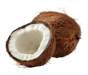 A whole and a halved coconut against a black background