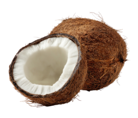 A whole and a halved coconut against a black background