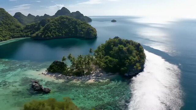 Aerial view of a tropical archipelago, revealing hidden coves and lush islands.