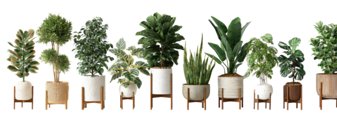 Assortment of potted green indoor plants on stands