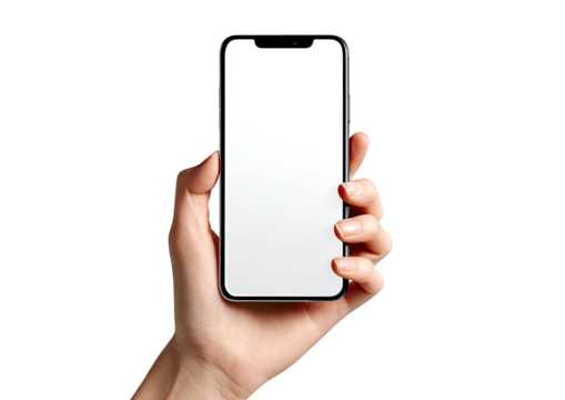 A hand holds a modern smartphone with a blank screen (1)
