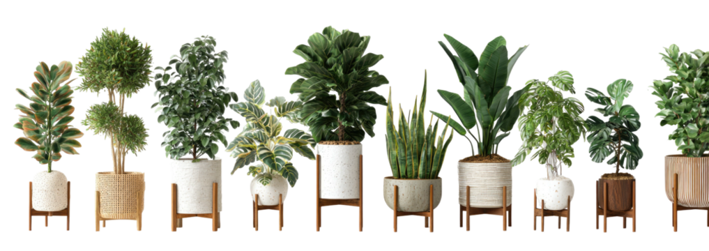 Assortment of potted green indoor plants on stands