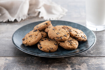 Chocolate chip cookies for breakfast on wooden table