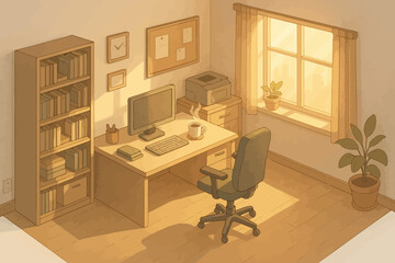 Cozy home office with warm lighting and minimalist design
