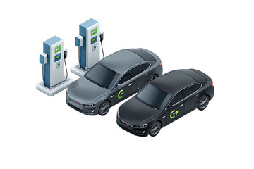Two electric cars charging at modern stations