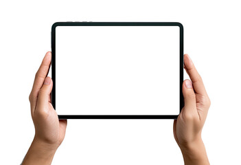 Hands holding a tablet with a blank white screen (1)