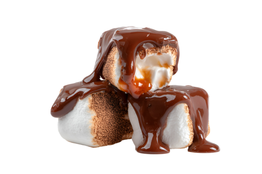 Deliciously toasted marshmallows drizzled with rich chocolate sauce on a black background
