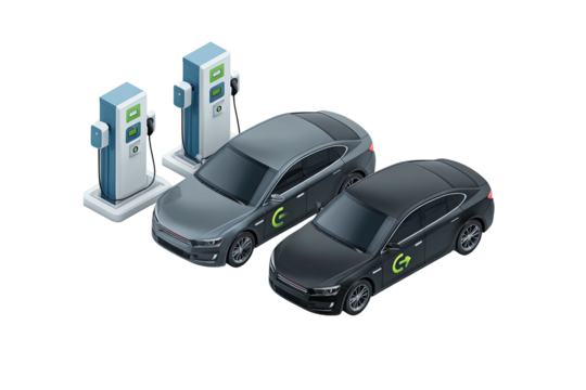 Two electric cars charging at modern stations