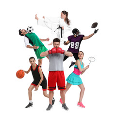 Fototapeta premium Sport activities. Different people in sportswear on white background, collage