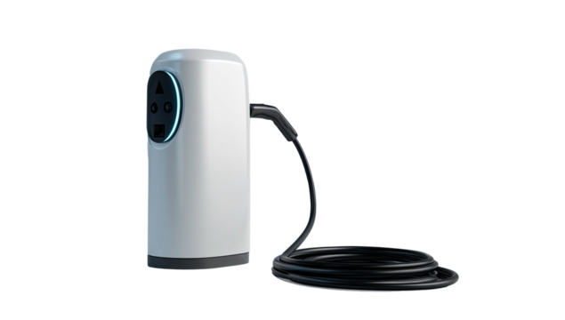 Futuristic electric vehicle charging station with a coiled cable