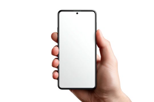 Hand holding a modern smartphone with a blank white screen (3)