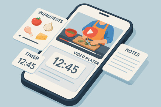 Culinary video player interface with cooking timer and notes on smartphone screen - Powered by Adobe