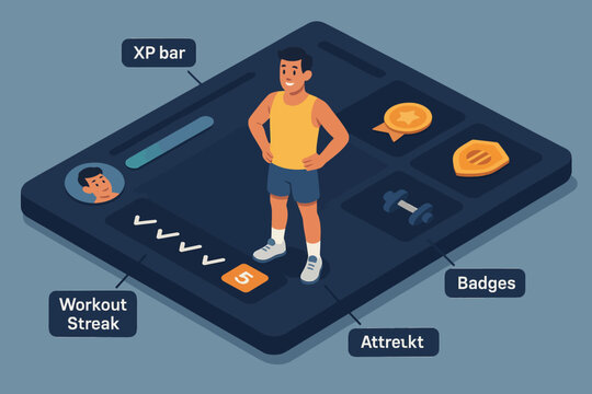 Male cartoon character in fitness app interface with xp bar and workout streak badges