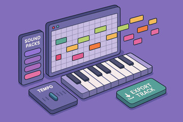 Digital music creation: keyboard, sound packs, tempo control, export track interface on purple
