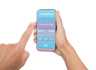 Online payment. Man using banking app on smartphone against white background, closeup