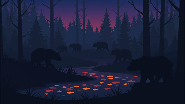 twilight_forest_scene_bears_stream_colored_fish_silhouette_landscape
