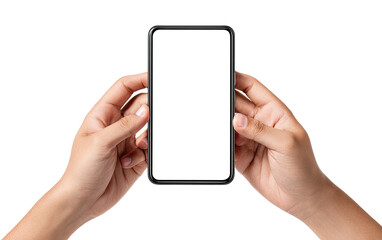 Hands holding a modern smartphone with a blank screen