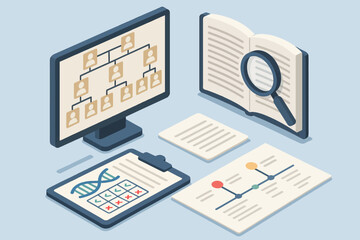 Isometric concept of digital genealogy research with family tree and dna analysis
