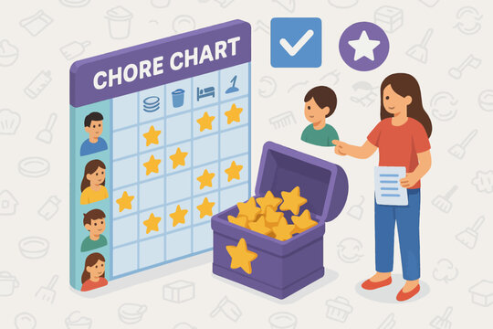 Illustrated family chore chart with reward system for kids