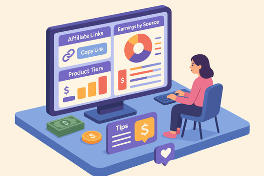 Young asian female analyzing earnings and affiliate links on computer