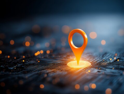 Digital location pin on a circuit board with glowing lights background - Powered by Adobe
