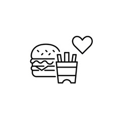 Cheeseburger, fries and heart. Great taste, comfort food and unhealthy dinner. Customer favorite. Pixel perfect, editable stroke vector icon