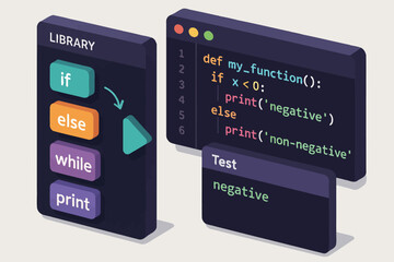 Coding concept with programming functions and conditional logic elements