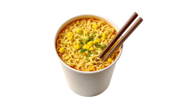 A delicious cup of hot instant ramen soup garnished with yellow corn and chopped scallions ready to eat with a pair of chopsticks
