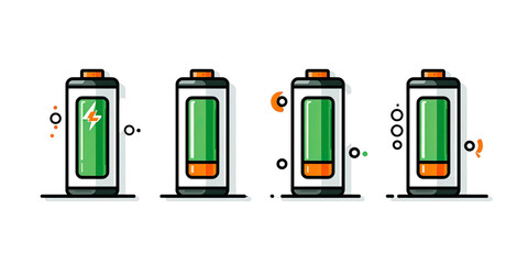 Four battery icons illustrating different charge levels and statuses
