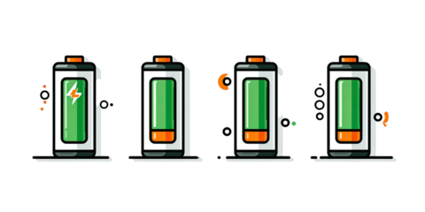 Four battery icons illustrating different charge levels and statuses