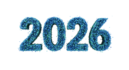 Happy New Year 2026. The year 2026 made of sparkling blue and green glitter particles. A festive, digital design isolated on white. Perfect for celebration concepts