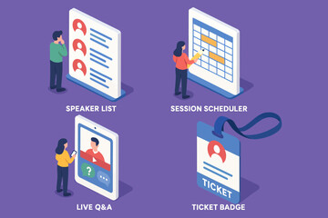 Conference tools: speaker list, session scheduler, live q&a, ticket badge icons