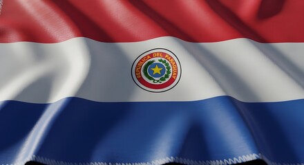 The national flag of Paraguay waving with a realistic fabric texture. A horizontal tricolor of red, white, and blue, with the national coat of arms centered on the white band