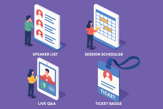 Conference tools: speaker list, session scheduler, live q&a, ticket badge icons
